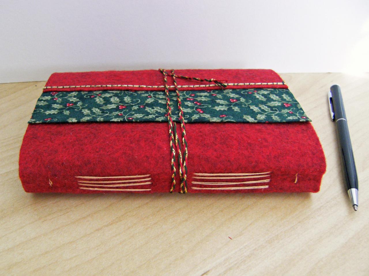 Christmas Holly - Wool Felt Embroidered Journal - Artist Book - Hand Embellished
