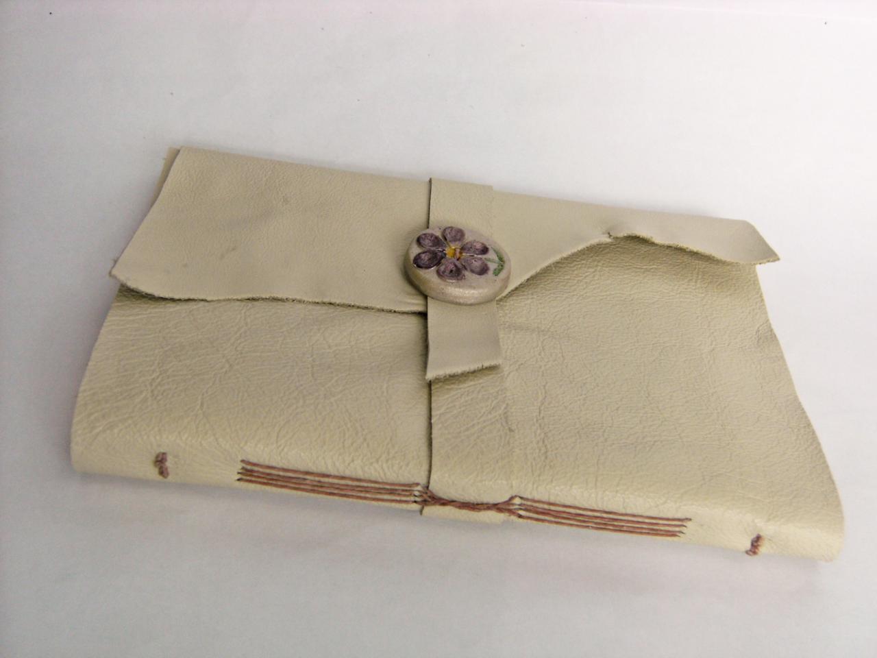 Cream Leather Longstitch Journal, With Flower Button