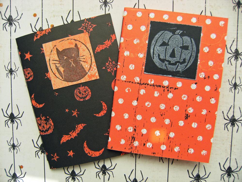 Halloween Notebook Set - Pair Of Notebooks With Halloween Lino Cuts - 6x4 Ins